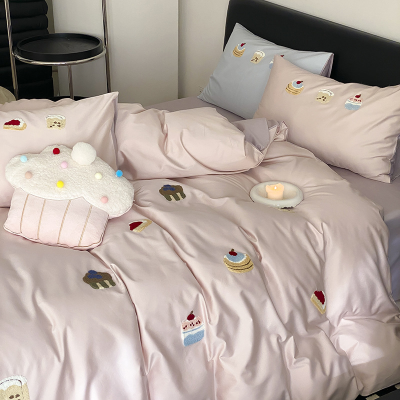 Simple ins style 100 cotton long-staple cotton four-piece cotton cute embroidery cartoon towel embroidery bedding