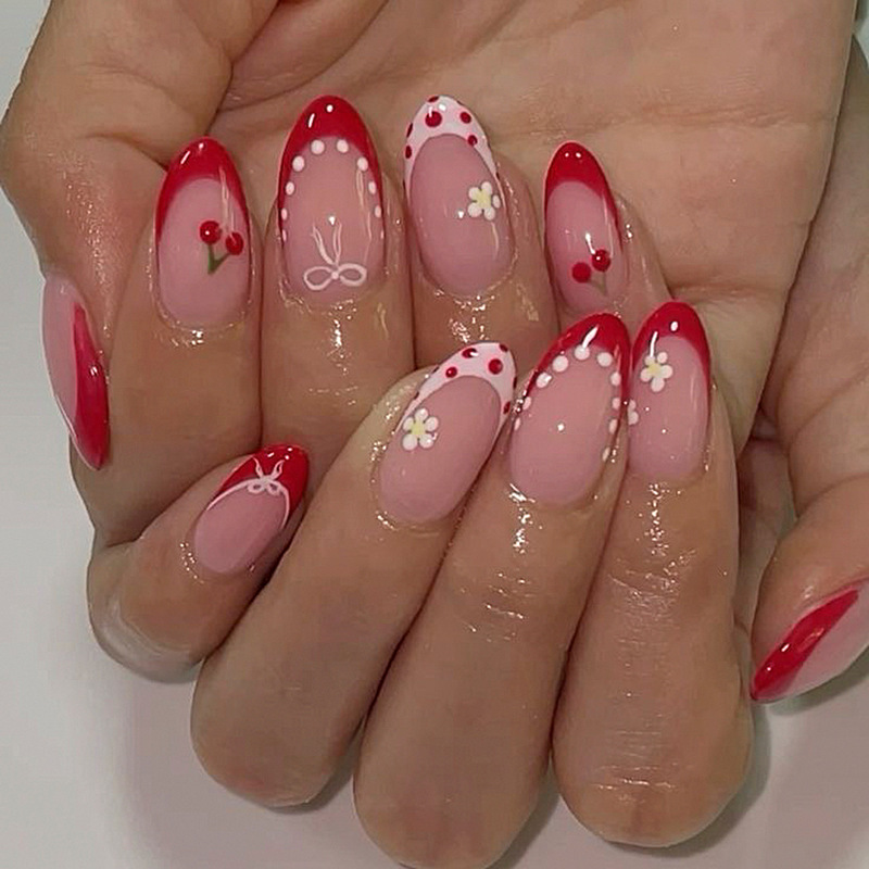 Sweet French Red Wearable Nails, Short Almond Nails, Simple Cherry Blossom Bow Fake Nails