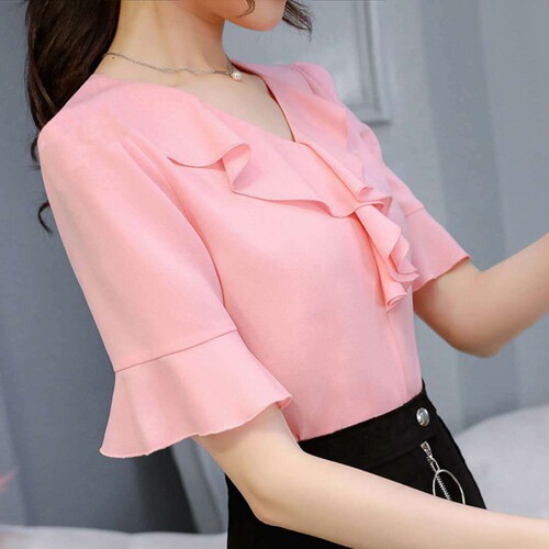 Women's Short Sleeve Summer Korean Style Collar Fitted Slimming Casual Versatile Plus Size Bell Sleeve Top