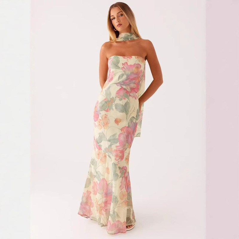 Tea Break Beautiful French Style Elegant Floral Multi-color Sling Seaside Holiday Fishtail dress Tight Waist Sanya Slimming Sand
