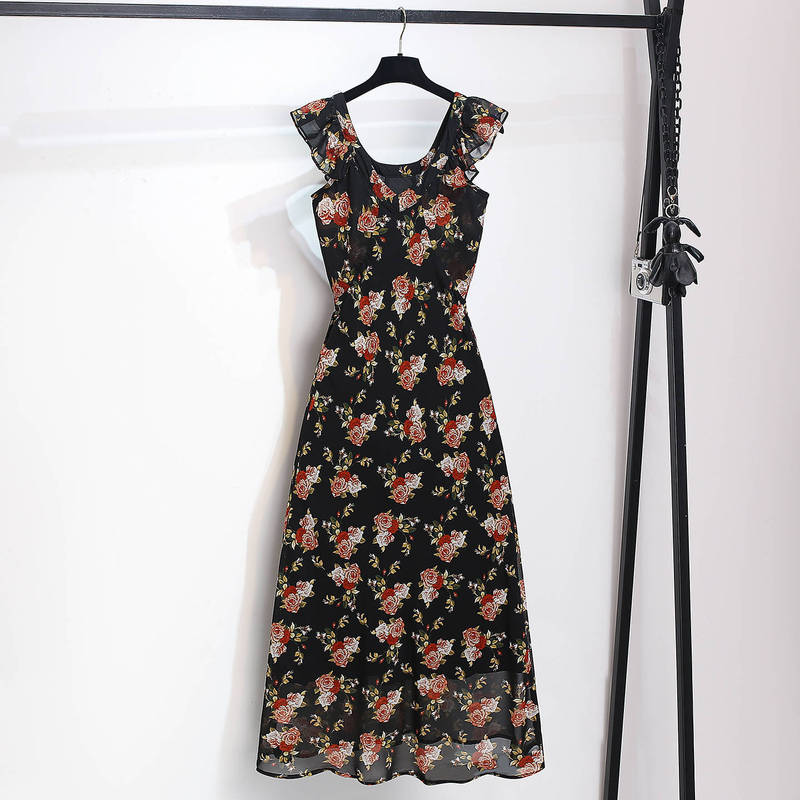 Little Flying Sleeves Floral Chiffon V-Neck Dress for Women 2026 Summer New Style Tie-Waist Ankle-Length Extra Long Dress