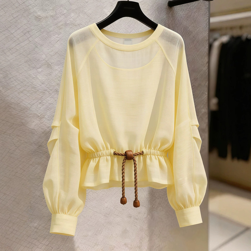 Yellow Round-Neck Slightly Sheer Waist-Tie Long-Sleeve T-Shirt for Women, Summer 2026 New French-Style Chic and Beautiful Top