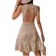 European and American Amazon Lace Dress 2024 Solid Color Hollow Lace Stitching Backless Neck Lace Mini Dress