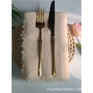 Scandinavian Style Tassel Pure Cotton Tablecloth Hand-Torn Raw Edge Napkin Amazon Western Food Cloth Wedding 32X32Cm