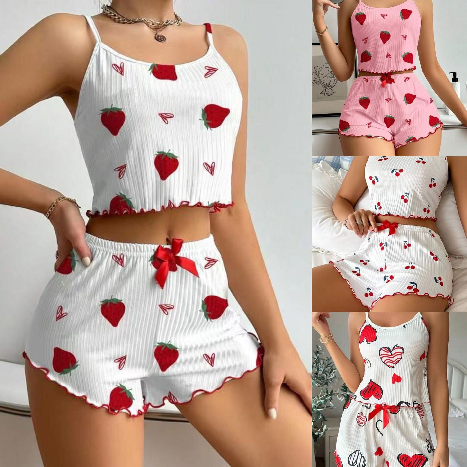 ChicShe European And American Cross-Border Trade Women's Pajamas Ribbed Heart Sexy Camisole Printed Tank Top Shorts Homewear_voghion.com
