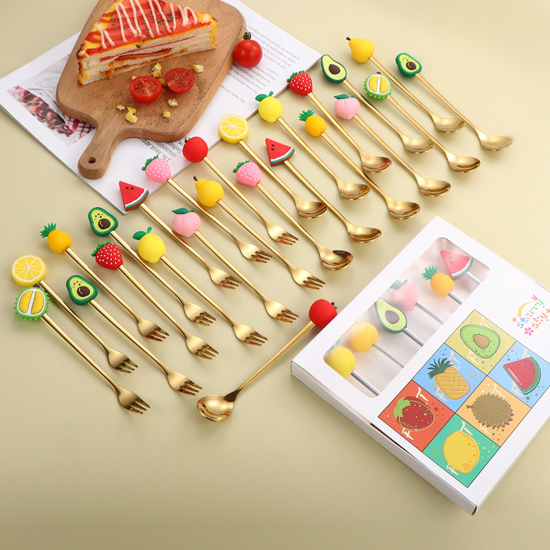Productos transfronterizos 304 cucharas de acero inoxidable, cucharas de café, patrón de fruta, pastel, postre, cucharas y tenedores, set de regalo