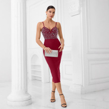 亚马逊爆款酒红色女装时尚优雅性感吊带款高级感钉珠设计绷带裙