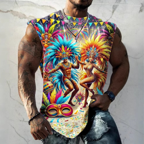 Cross-Border European and American New Men's Short-Sleeved Hawaiian Casual Vests Digital Print Series Carnival Clothing