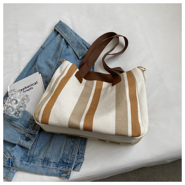 Women's Large Canvas Stripe Vintage Style Square Zipper Shoulder bag logo Tote bag logo Crossbody bag logo display picture 3