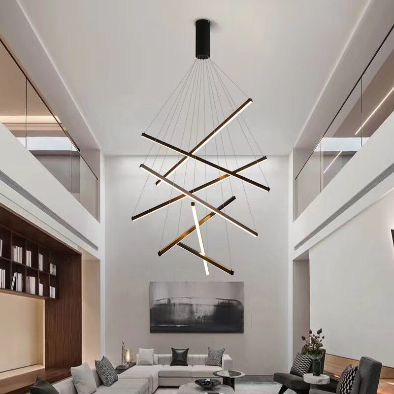 Customized Simple Stairwell Duplex Floor Large Chandelier Gold Black Strip 11 Strips 13 Strips 1.2m Aluminum Chandelier
