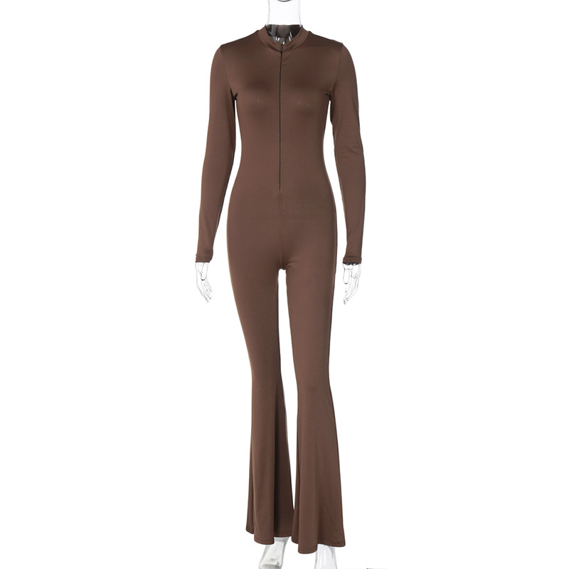 Women Clothing Winter Solid Color Tight Zipper Sports Yoga Jumpsuit