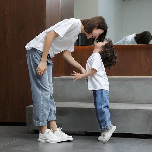Parent-child t-shirt boys and girls pure cotton bottoming shirt family portrait beach parent-child wear category a summer short-sleeved family wear