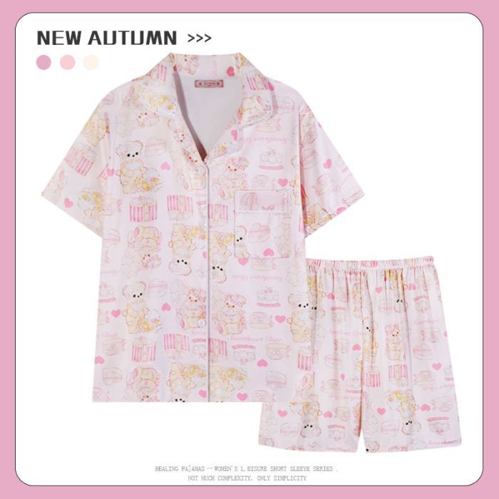 Venta al por mayor transfronteriza 180g pijamas de algodón de imitación mujeres rebeca de verano de manga corta traje de ropa de casa de dibujos animados lindo