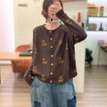 棉线印花圆领开衫长袖复古宽松2025秋冬新款减龄百搭上衣针织衫