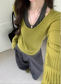 洋气款挂脖假两件超细羊毛春秋款长袖