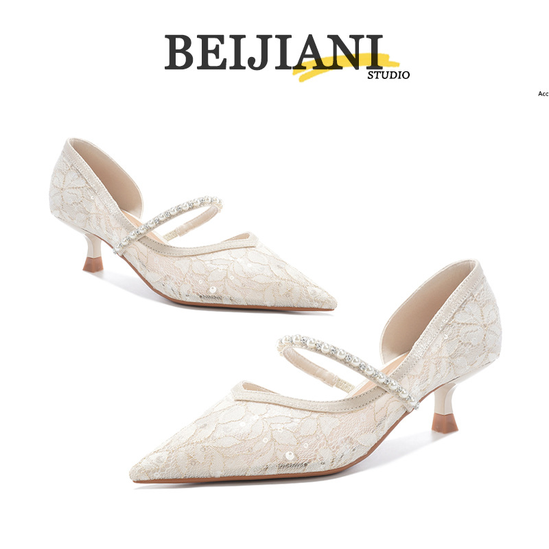 BEIJIANI 339-41跨境网纱高跟鞋女细跟矮跟链条一字带单鞋凉鞋