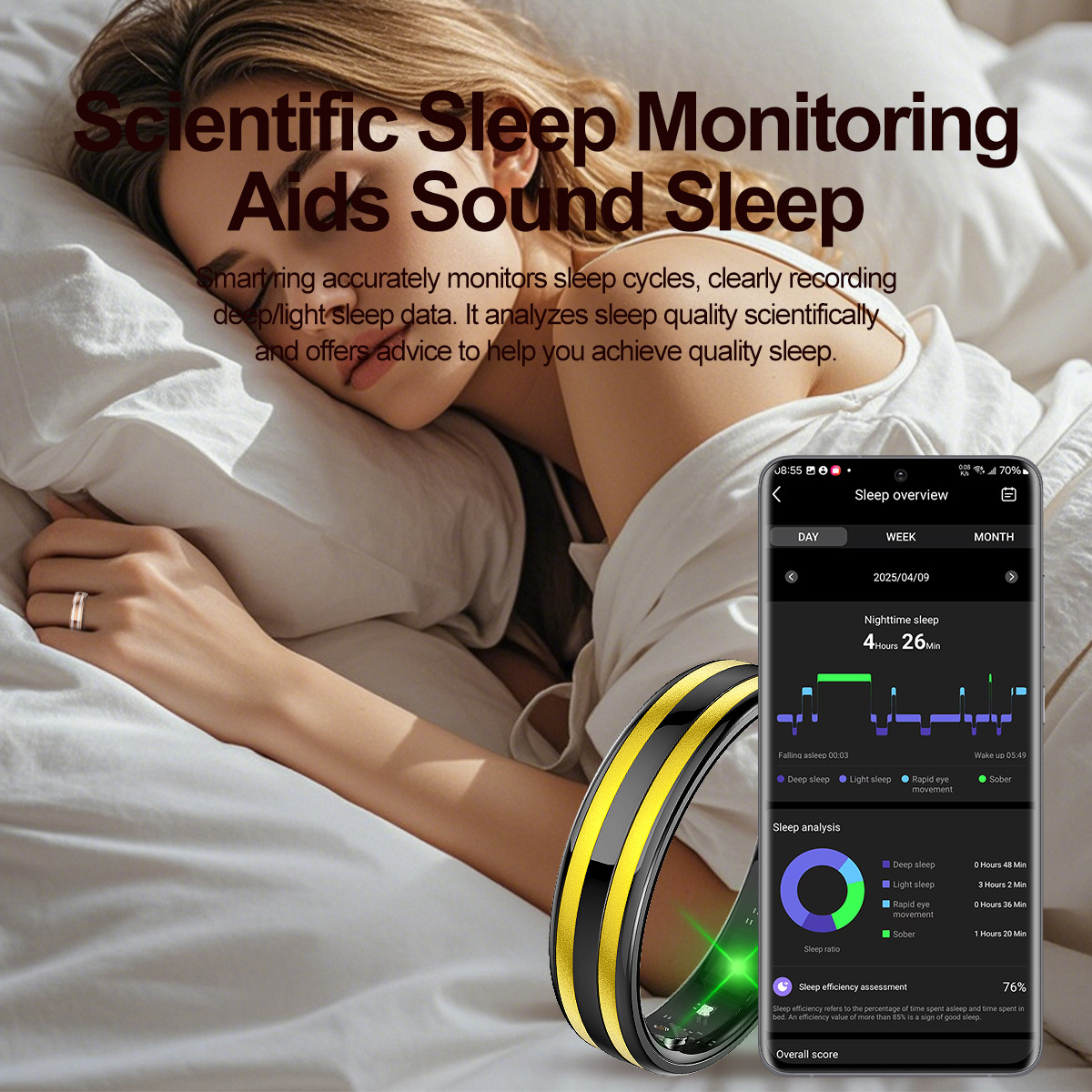 Nuevo anillo inteligente transfronterizo frecuencia cardíaca oxígeno cepillo de sueño video monitoreo de salud tecnología negra pulsera inteligente Bluetooth