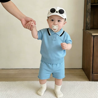 痞帅宝宝夏季薄款针织套装新款韩系婴幼儿夏天蓝色polo领短袖短裤