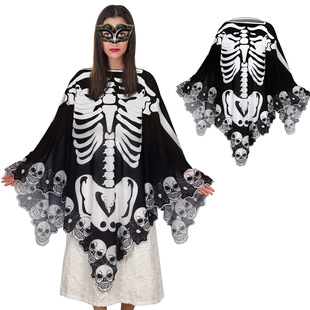 Halloween Party Dress up Lace Skeleton Cape Day of the Dead Women's Cape Digital Printed Bone Frame Cape