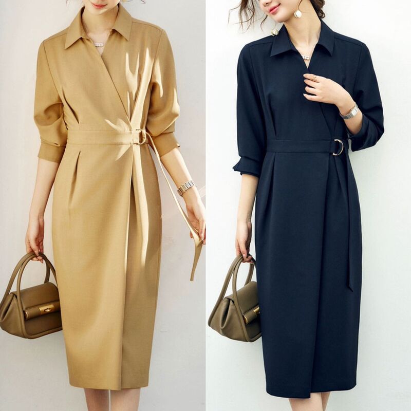 26 Spring Elegant Commuting Style Waist-Slimming Shirt with Lapel Asymmetrical Slant Placket Long Sleeve Dress 25565