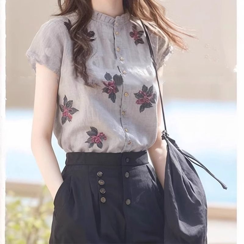 ハイエンドでシックなプリントのスタンドカラー半袖シャツ、ニッチな新しい夏のデザイン、ユニークで多用途なトップス|undefined