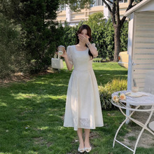 夏上新【流行街】意法法式温柔风白色重工刺绣方领泡泡袖连衣裙女