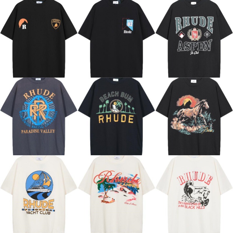 American Trendy Brand Rhude Mustang Sunset Logo Print Unisex Couple Loose Hip-Hop Retro Short-Sleeve T-Shirt Cross-Border