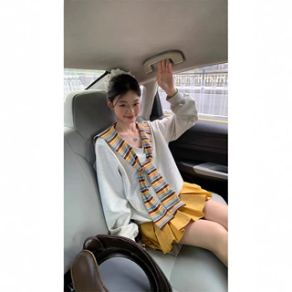 灰色V领条纹披肩假两件T恤卫衣女春秋季宽松休闲显瘦长袖上衣外套