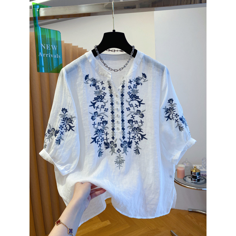 女性のためのハイエンドブルーラミートップ夏 2025 新しいルーズヘビー刺繍ユニークな美しい七分袖シャツ|undefined