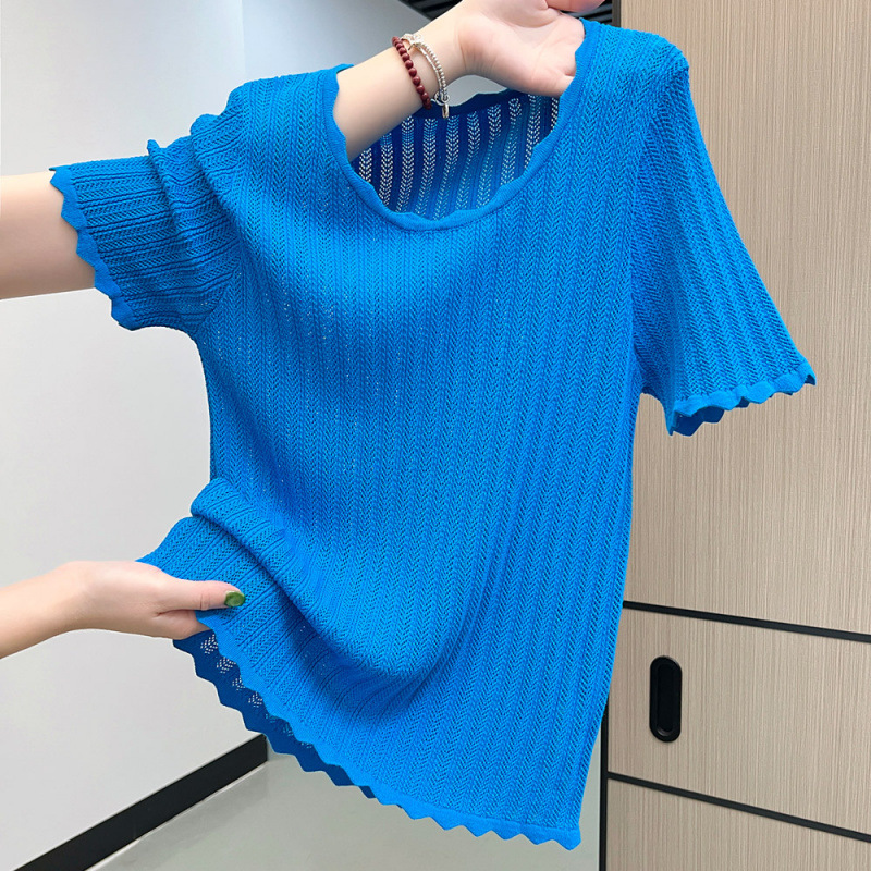 Spring summer knitted sweater with a round collar