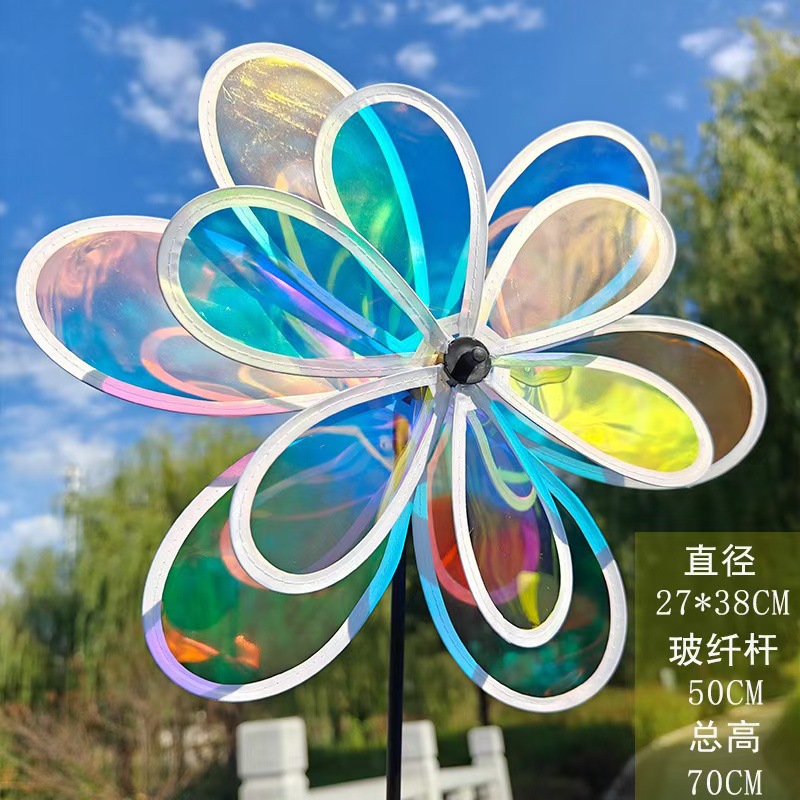 跨境批发儿童玩具户外装饰景区摆摊手持旋转向日葵双层炫彩大风车