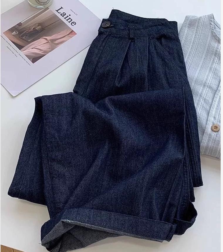 Quần ống rộng vải lanh cotton Yamamoto cạp cao mẫu mới mùa hè 2025 — Màu xanh đậm chi tiết 3