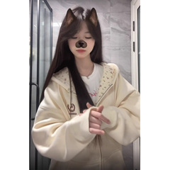 韩系碎花拼接开衫连帽卫衣女秋冬加绒加厚设计感小众宽松外套潮牌