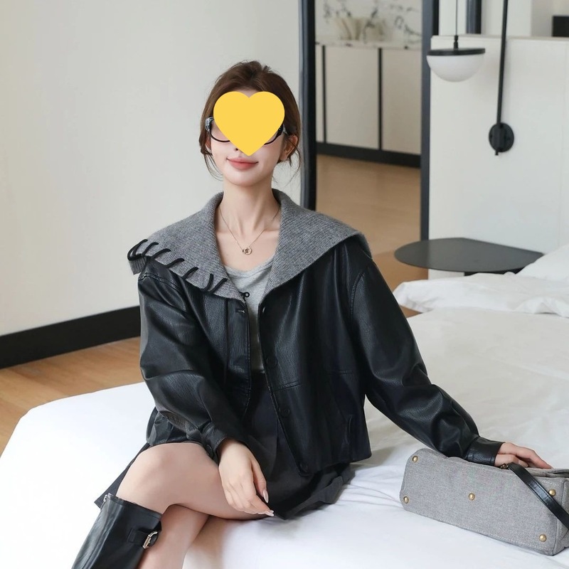 早秋新款设计感海军领皮衣夹克女小个子休闲显瘦短款外套黑色氨纶|undefined