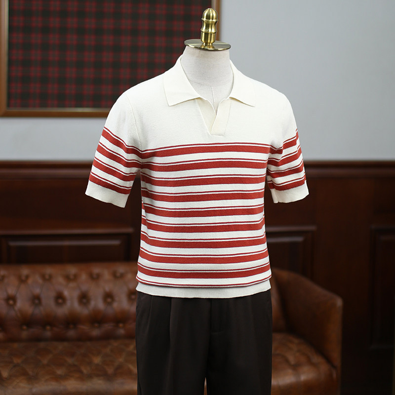 Polo camiseta de punto camiseta de manga corta hombre V-collar gaviota rayas viejas camiseta de hielo de viento de verano fábrica transfronteriza al por mayor