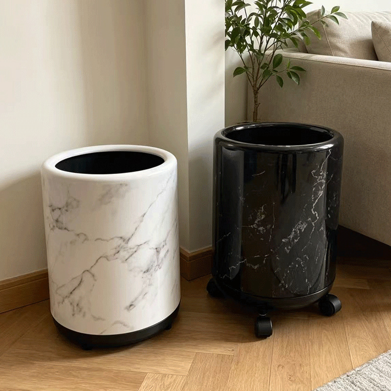 Retro-Style Household Trash Can with Pulley, Large Capacity, High Aesthetic Value, Open-Top, Mobile Cleaning Bin with Faux Marble Design