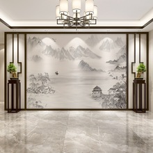 新中式电视背景墙壁纸意境山水水墨画墙布沙发卧室客厅影视墙墙纸
