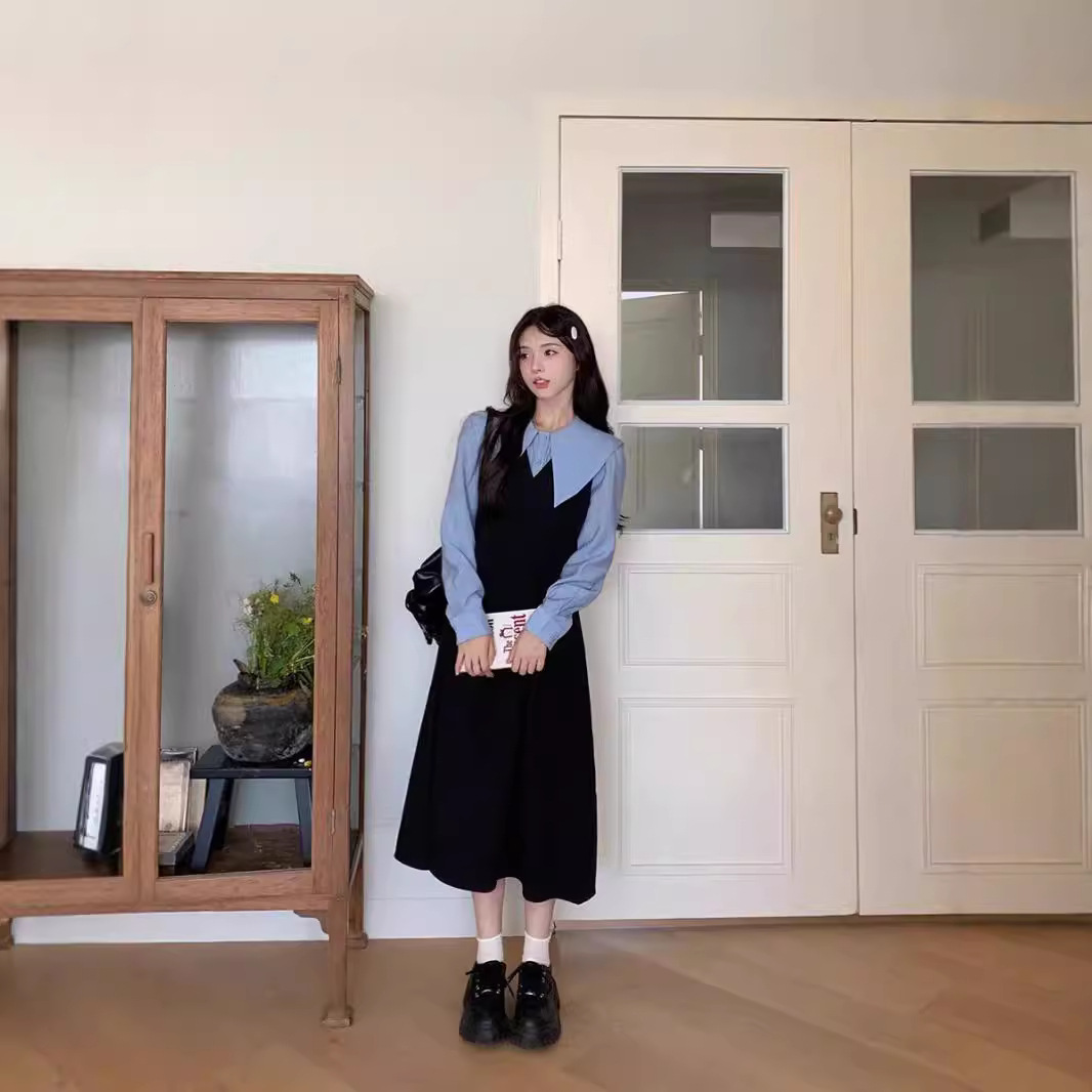 부드러운 아카데미 스타일 스티칭 작은 검은 원피스 여성용 봄 달콤한 인형 칼라 대조 컬러 바느질 허리 우아한 원피스