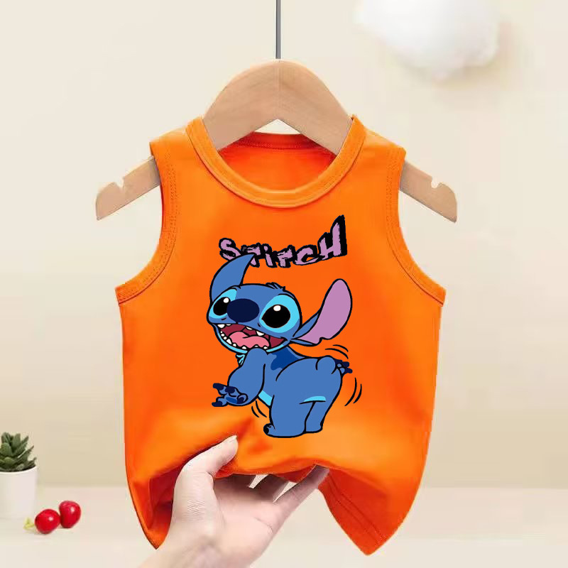2024跨境熱銷新品Stitch 史迪奇童裝中大童無袖背心印花一件代發