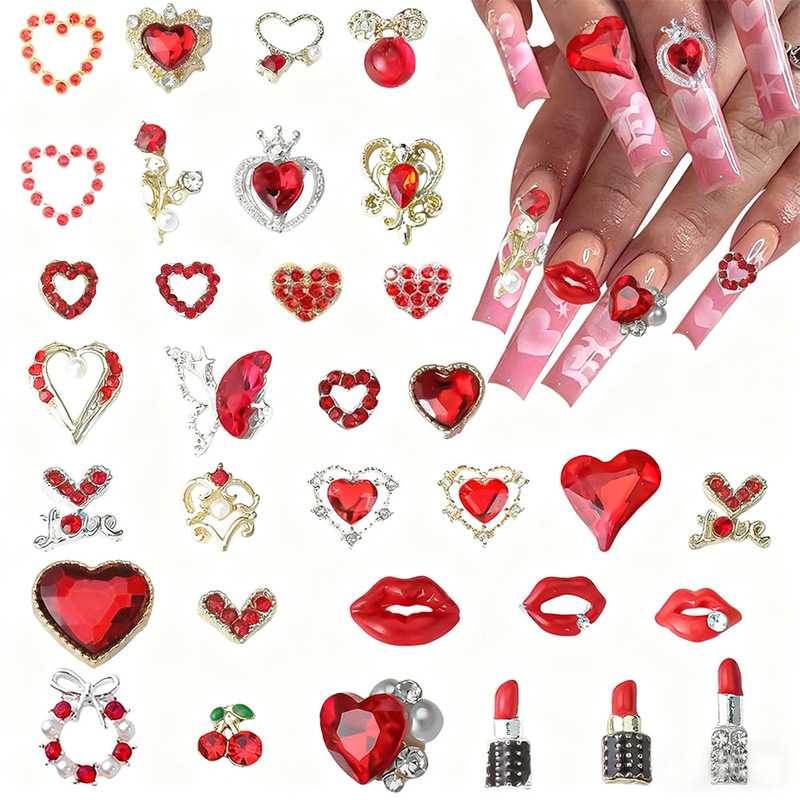Cross-Border Popular Valentine's Day Nail Art Accessories, Various Diamond-Encrusted Peach Heart Charm Lipstick Lips DIY Nail Decorations