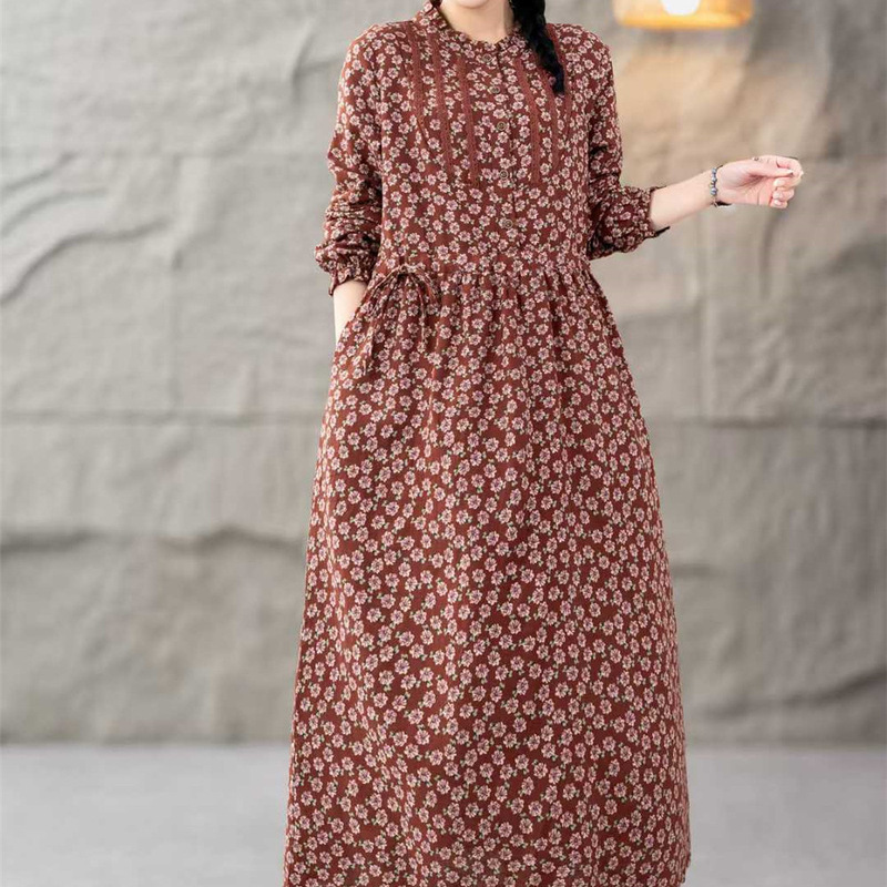 2025 spring digital printing long dress cotton and linen floral long waist lace collar women's dress