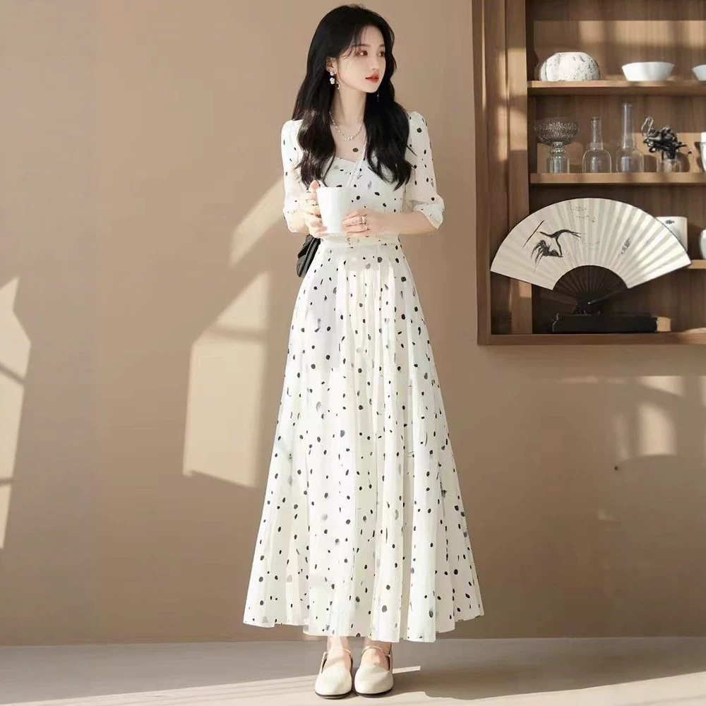 Đầm suông nữ midi họa tiết chấm bi phong cách Pháp — Điểm sóng trắng chi tiết 1