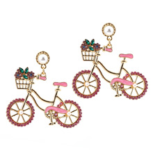 欧美跨境时尚可爱自行车镶珍珠镶钻款锌合金镂空气质耳饰