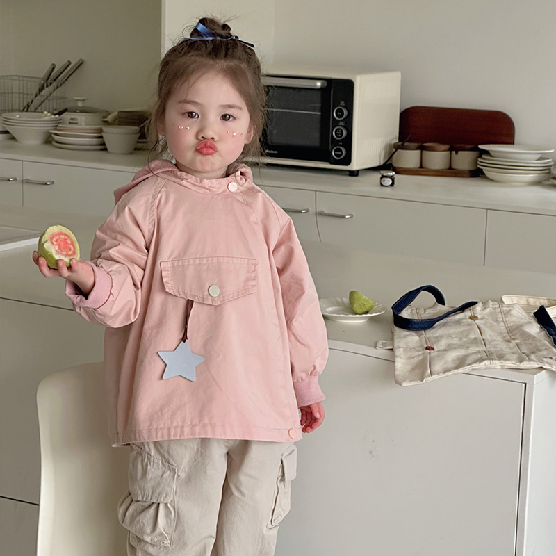 女童風衣外套春裝2024新款韓版兒童洋氣中長款女寶寶春秋連帽上衣