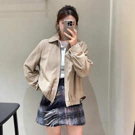 南油高端女装2025年秋冬Loew新款绒面羊皮革腰带翻领夹克外套女