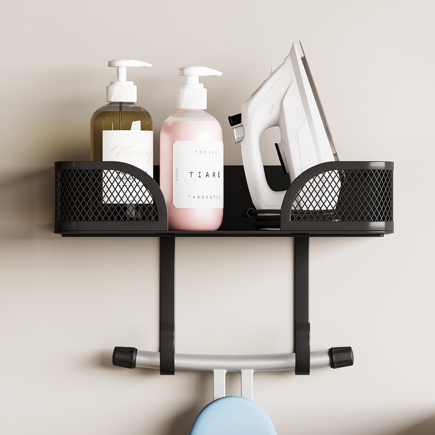 壁挂烫斗架墙壁悬挂熨衣板熨斗收纳支架门后洗衣房收纳储物篮系统