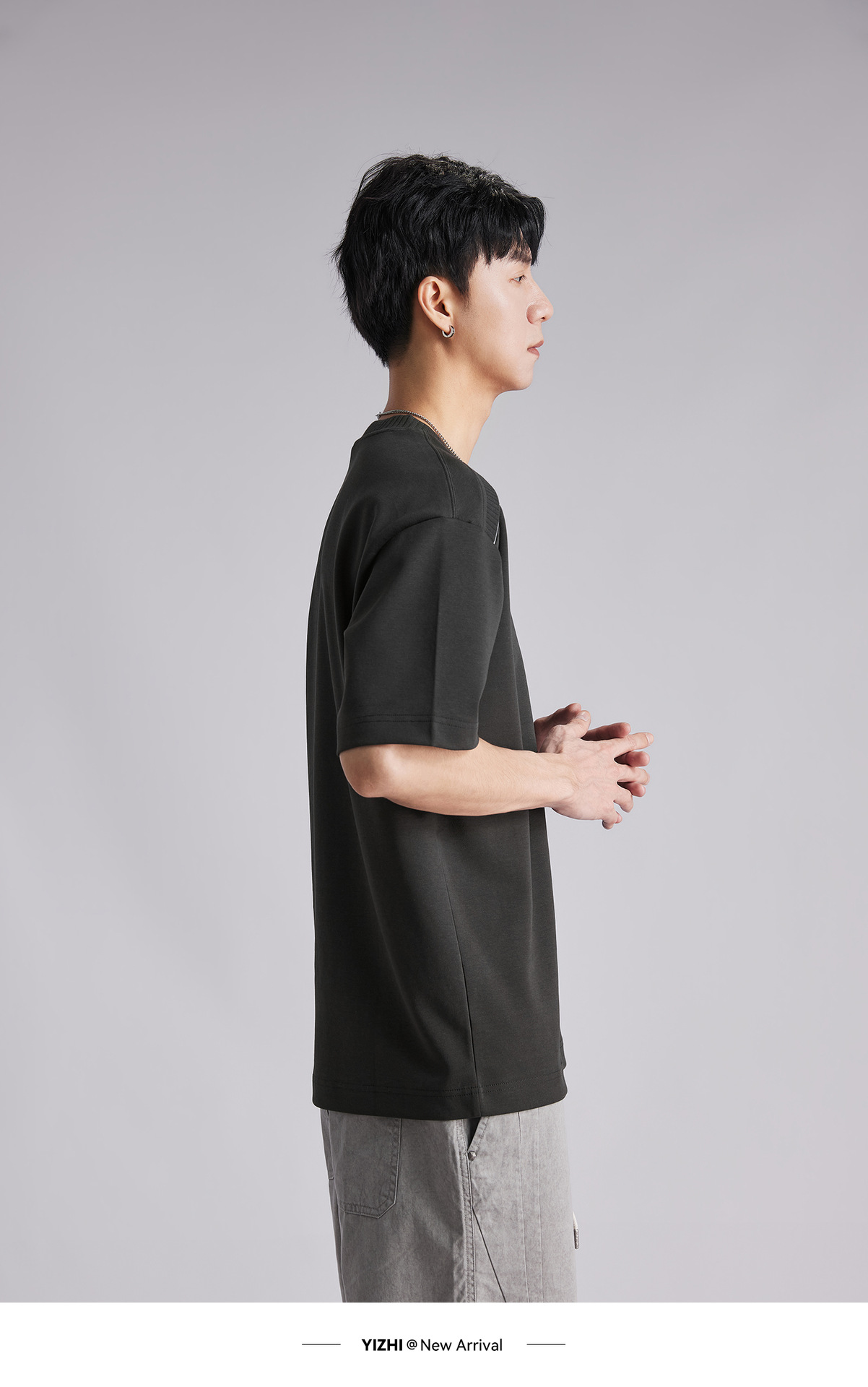 Áo thun nam cổ tròn chất liệu cotton dày 260g, thiết kế vai nối, phong cách lịch lãm — đen chi tiết 15