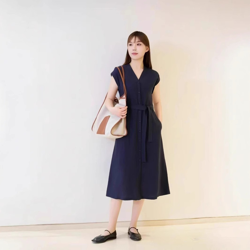 Spot 25 Spring and Summer New Style Linen Plain Waist Tie French Elegant Elegant V Neck Mid-Length Dress for Women