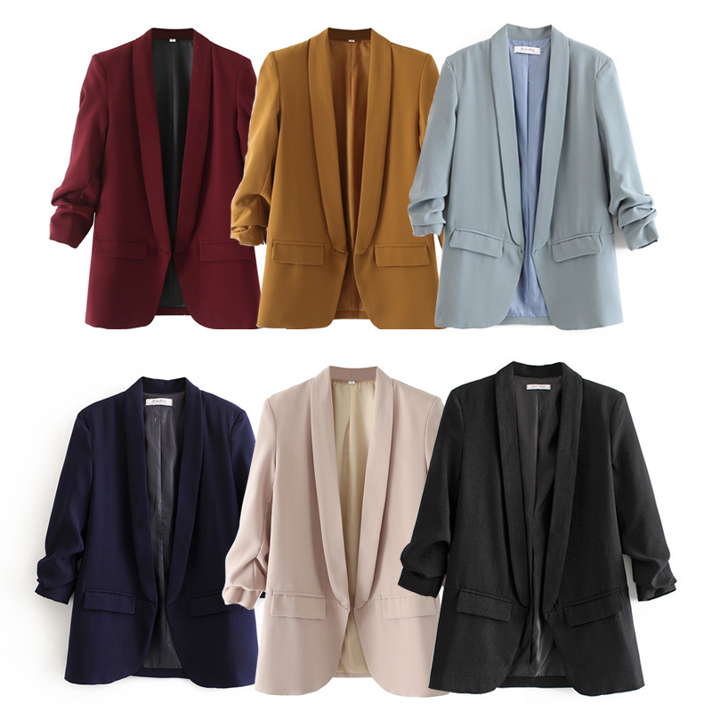 Cross-border Women's Clothing 2024 Spring and Autumn New European and American Style Buckle-free Pleated Sleeve Slim-fit Fashion All-match Suit Jacket Women