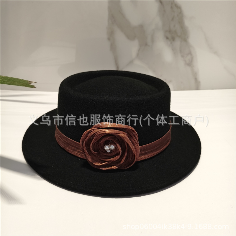 一眼心动法式高端高奢手工羊毛礼帽真丝麻花朵羊毛爵士帽赫本礼帽|undefined